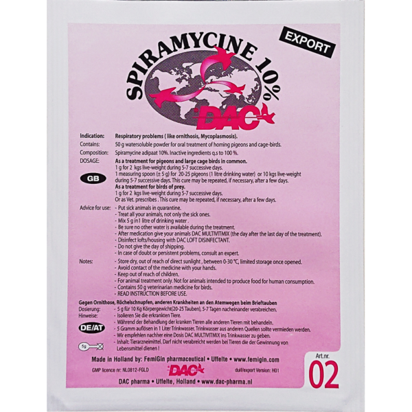 DAC SPIRAMYCINE 10% 50 GR - Dac Pharma - Tratamentos para Pombos