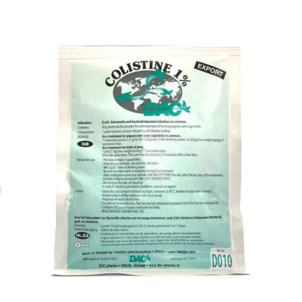 DAC COLISTINE 1% 50GR - Dac Pharma - Tratamentos para Pombos